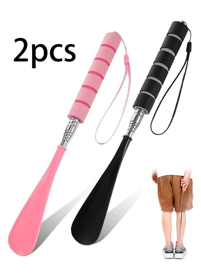 قطعتان من أدوات مساعدة ارتداء الأحذية التلسكوبية ذات المقبض الطويل القابل للتعديل، مناسبة لكبار السن والرجال والنساء، مصنوعة من الفولاذ المقاوم للصدأ، بتصميم مريح وسهل الاستخدام والسفر. - Image 1